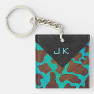 Monogram Cow Brown and Teal Print Keychain