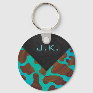Monogram Cow Brown and Teal Print Keychain