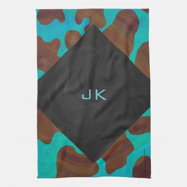 Monogram Cow Brown and Teal Print Kitchen Towel (Vertical)