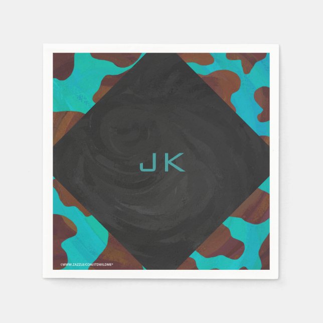 Monogram Cow Brown and Teal Print Napkin (Front)