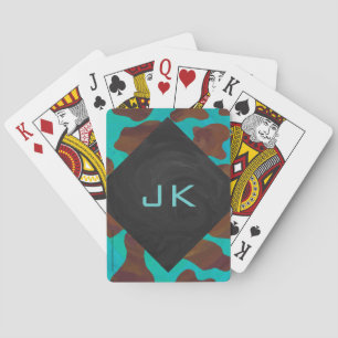 Monogram Cow Brown and Teal Print Playing Cards