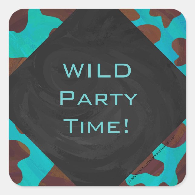 Monogram Cow Brown and Teal Print Square Sticker (Front)