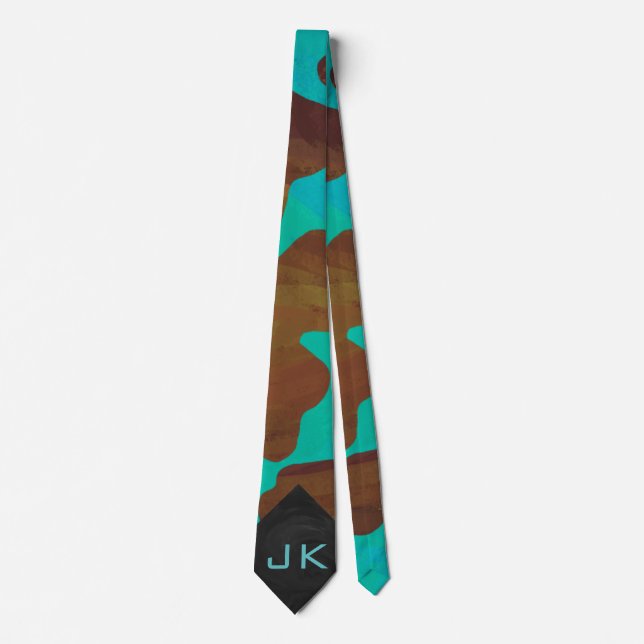 Monogram Cow Brown and Teal Print Tie (Front)