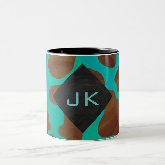 Monogram Cow Brown and Teal Print Two-Tone Coffee Mug (Center)