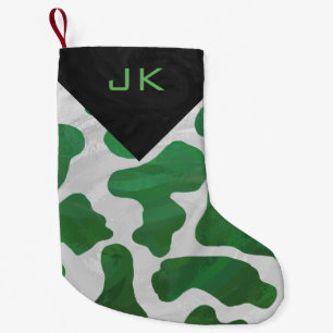 Monogram Cow Green and White Print Pattern Small Christmas Stocking
