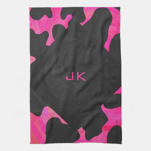 Monogram Cow Hot Pink and Black Print Kitchen Towel