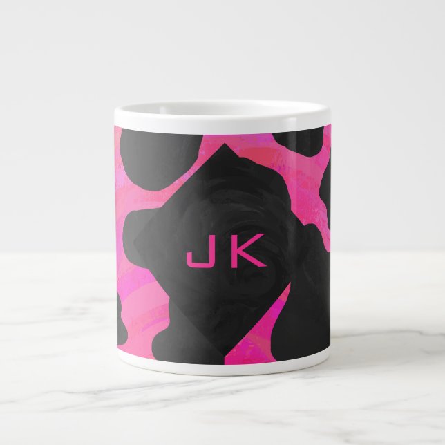 Monogram Cow Hot Pink and Black Print Large Coffee Mug (Front)