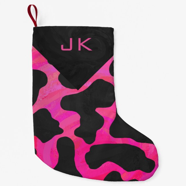 Monogram Cow Hot Pink and Black Print Pattern Small Christmas Stocking (Front)