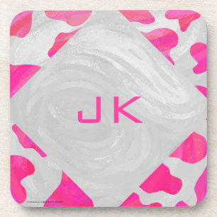 Monogram Cow Hot Pink and White Print Coaster