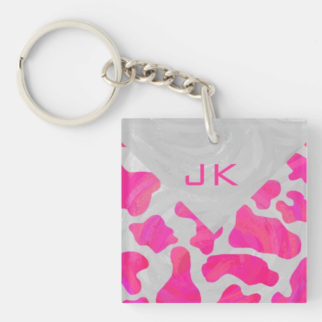 Monogram Cow Hot Pink and White Print Keychain (Front)