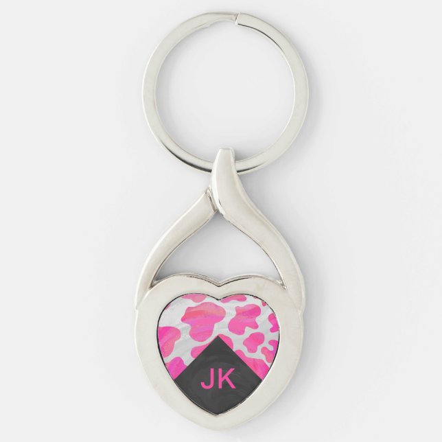 Monogram Cow Hot Pink and White Print Keychain (Front)