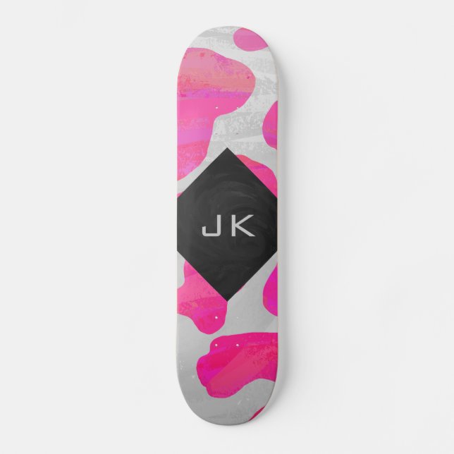 Monogram Cow Hot Pink and White Print Skateboard (Front)