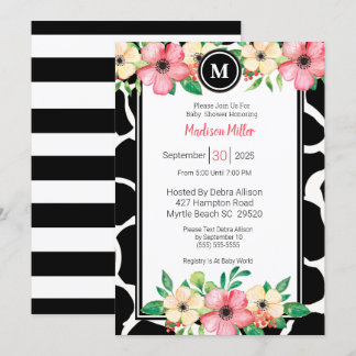  Monogram Cowprint Floral Baby Shower Coral Yellow Invitation