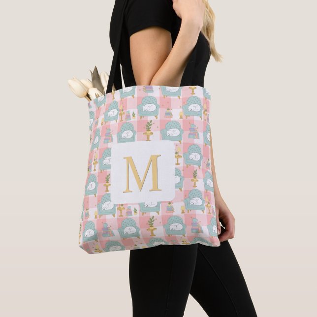 Monogram Cozy Cat & Book Tote Bag Girly Pink (Close Up)