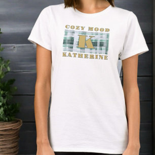 Monogram cozy mood green white plaid tartan gold  T-Shirt