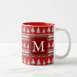 Monogram - Cranberry Red + White Nordic Fir Trees Two-Tone Coffee Mug