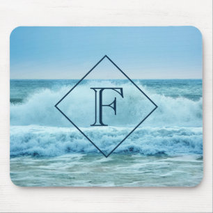 Monogram Crashing Waves Blue Ocean Beach Photo Mouse Pad