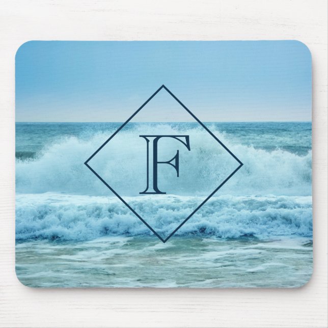 Monogram Crashing Waves Blue Ocean Beach Photo Mouse Pad (Front)
