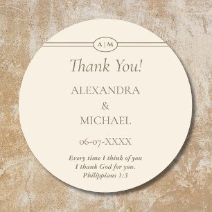 Monogram Cream Christian Wedding Thank You Classic Round Sticker