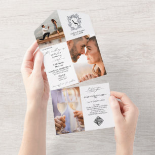 Monogram Crest 3 Black White Photo QR Code Wedding All In One Invitation