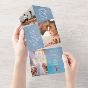 Monogram Crest 3 Photo QR Code Dusty Blue Wedding All In One Invitation