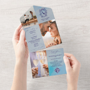 Monogram Crest 3 Photo QR Code Preppy Blue Wedding All In One Invitation