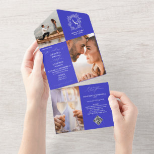 Monogram Crest 3 Photo QR Code Royal Blue Wedding All In One Invitation