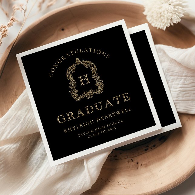 Monogram Crest Black Gold Graduation Party Napkin (Creator Uploaded)