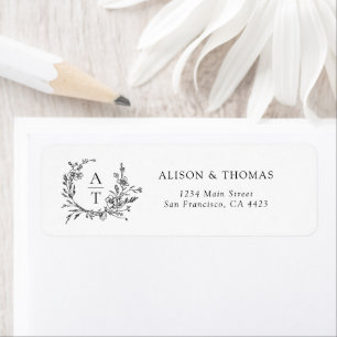 Monogram Crest Black White Return Address Label
