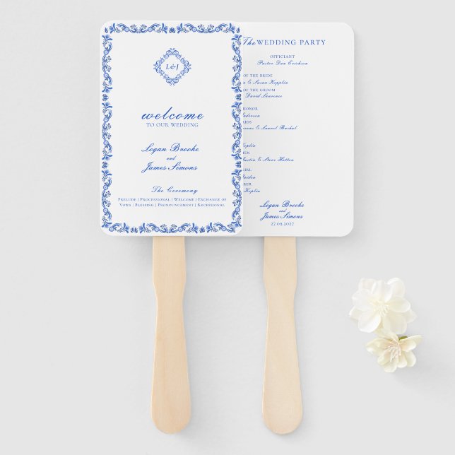 Monogram Crest Blue Chinoiserie Wedding Program Hand Fan (Front and Back)