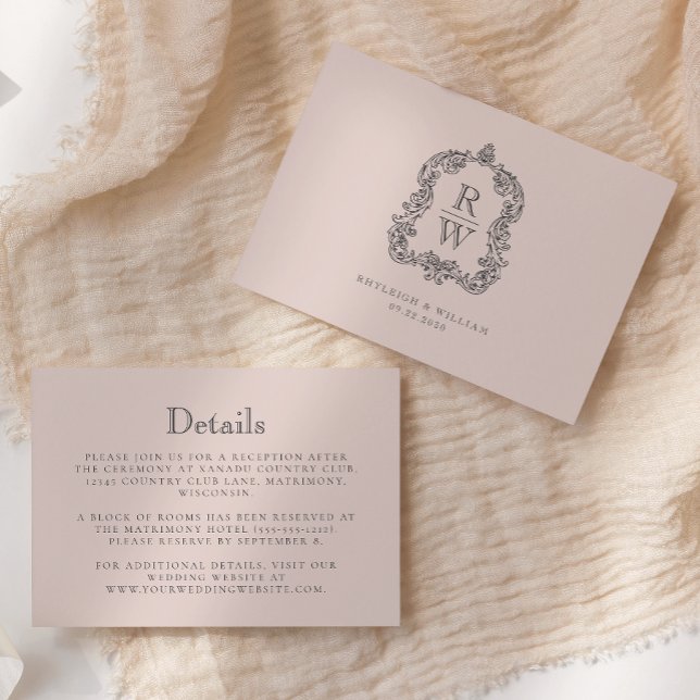 Monogram Crest Blush Pink Wedding Details Enclosure Card (Creator Uploaded)