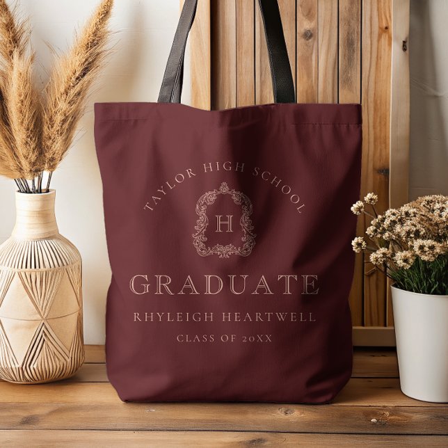 Monogram Crest Burgundy Red Rose Graduation Tote Bag (Creator Uploaded)