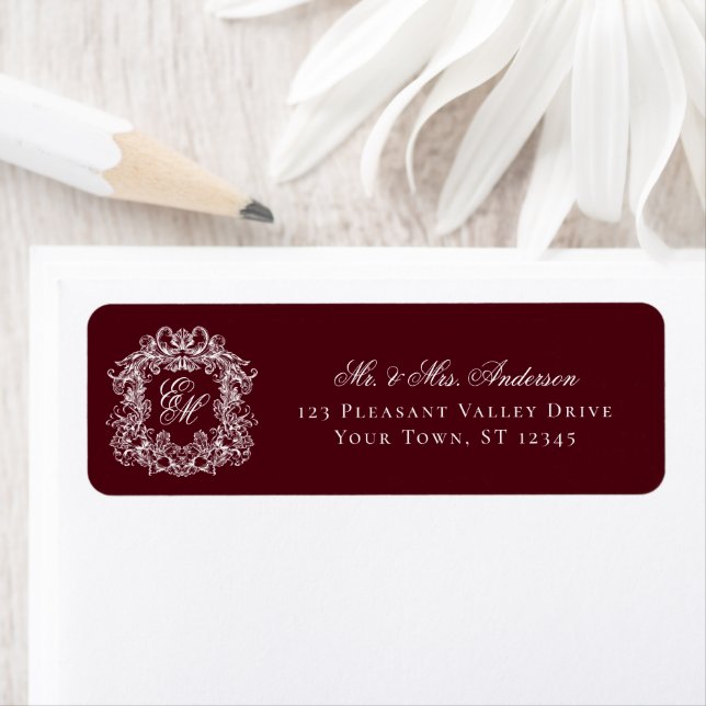 Monogram Crest Burgundy Wedding Return Address (Insitu)