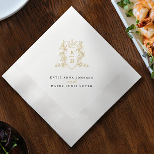 Monogram crest crown white gold black wedding  napkin