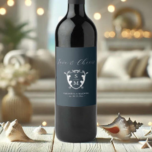 Monogram Crest Custom Wine Bottle Labels Navy Blue