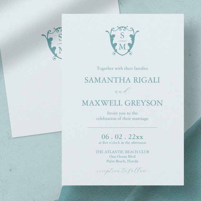 Monogram Crest Customizable Pale Blue Wedding Invitation ( wedding invitation blue minimalistic custom monogram crest Victoria Grigaliunas)