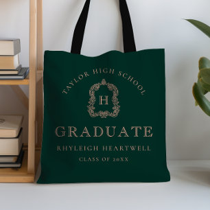 Monogram Crest Dark Green Rose Graduation Tote Bag