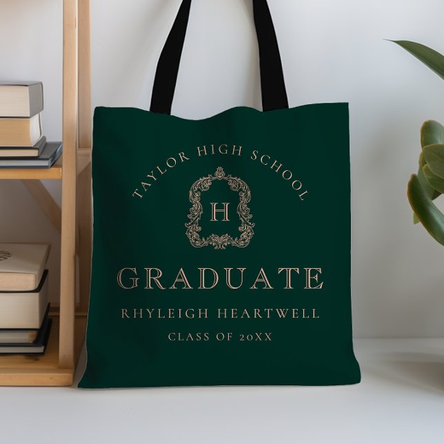 Monogram Crest Dark Green Rose Graduation Tote Bag (Creator Uploaded)