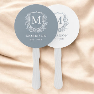 Monogram Crest Dusty Blue Botanical Wedding  Hand Fan
