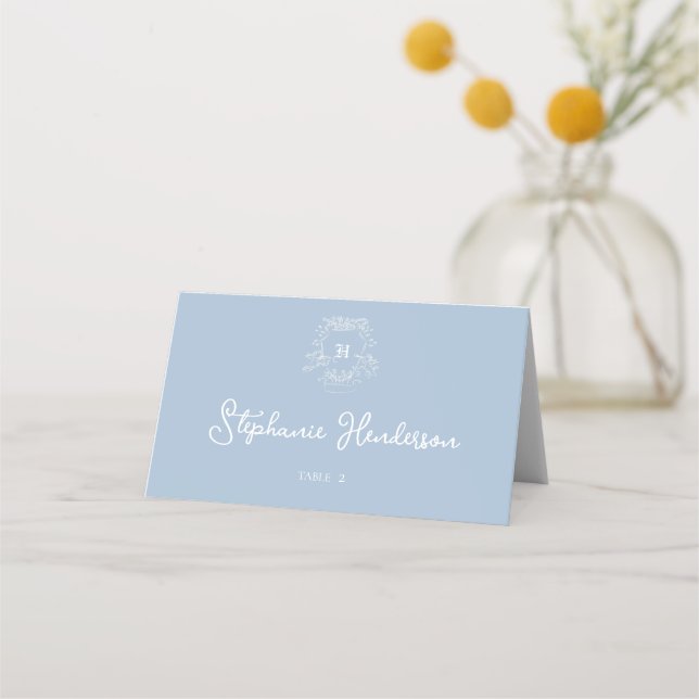 Monogram Crest Dusty Blue Folded Place Card (Front)