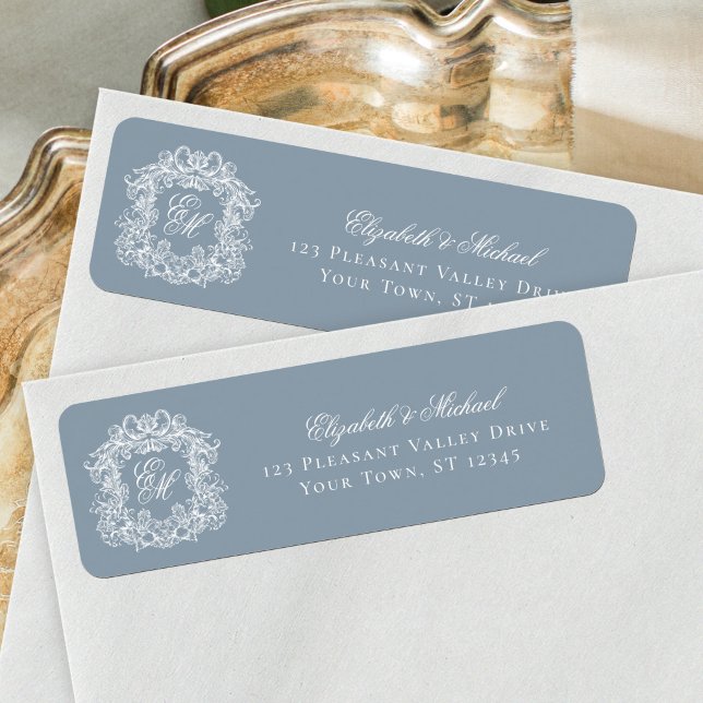 Monogram Crest Dusty Blue Wedding Return Address (Creator Uploaded)