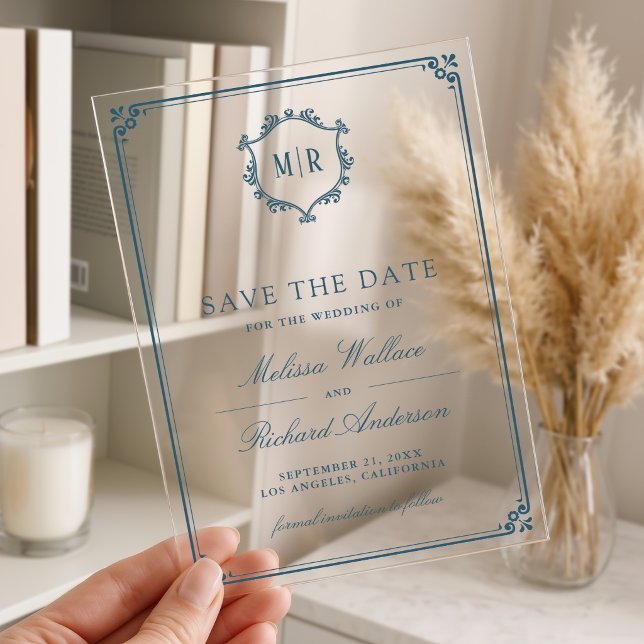 Monogram Crest Dusty Blue Wedding Save the Date Acrylic Invitations (Creator Uploaded)