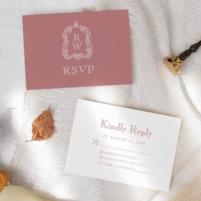 Monogram Crest Dusty Rose Wedding RSVP Card (Creator Uploaded)