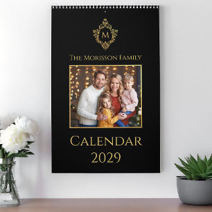 Monogram Crest Elegant Black and Gold Family Photo Calendar