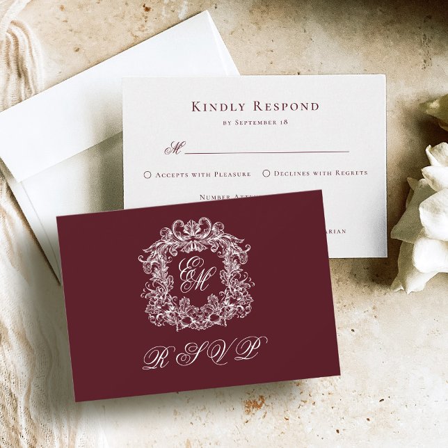 Monogram Crest Elegant Burgundy Wedding RSVP Card (Creator Uploaded)