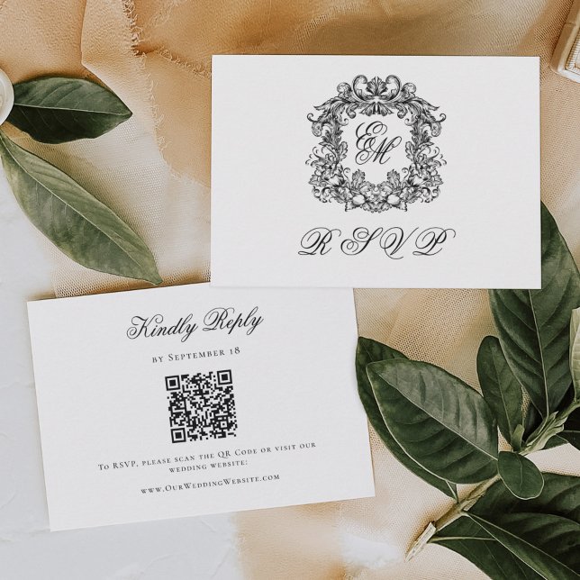 Monogram Crest Elegant Wedding QR Code RSVP Card (Creator Uploaded)