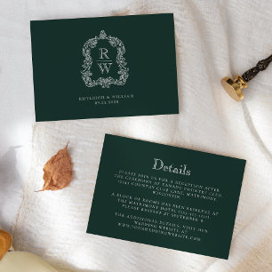 Monogram Crest Forest Green Wedding Details Enclosure Card