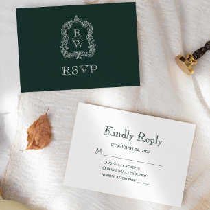 Monogram Crest Forest Green Wedding RSVP Card