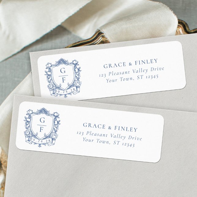Monogram Crest French Roses Blue Wedding Address (Creator Uploaded)