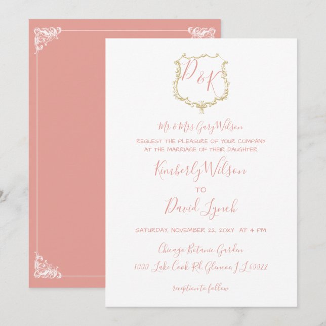 Monogram Crest Gold blush Wedding Invitation (Front/Back)